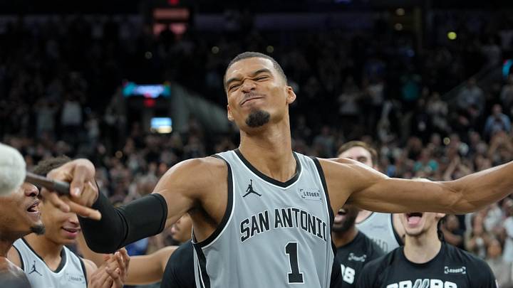Mar 19, 2026; San Antonio, Texas, USA;  San Antonio Spurs forward Victor Wembanyama (1) celebrates after the game against the Phoenix Suns at Frost Bank Center. Mandatory Credit: Daniel Dunn-Imagn Images