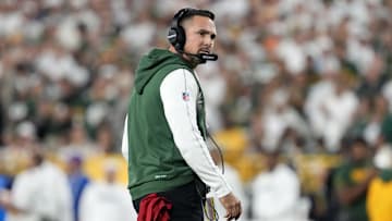 Sep 11, 2025; Green Bay, Wisconsin, USA;  Green Bay Packers head coach Matt LaFleur looks on in the first quarter against the Green Bay Packers at Lambeau Field. Mandatory Credit: Jeff Hanisch-Imagn Images