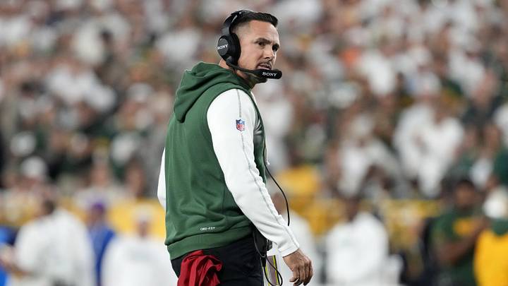 Sep 11, 2025; Green Bay, Wisconsin, USA;  Green Bay Packers head coach Matt LaFleur looks on in the first quarter against the Green Bay Packers at Lambeau Field. Mandatory Credit: Jeff Hanisch-Imagn Images