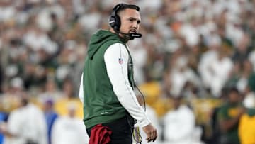 Sep 11, 2025; Green Bay, Wisconsin, USA;  Green Bay Packers head coach Matt LaFleur looks on in the first quarter against the Green Bay Packers at Lambeau Field.