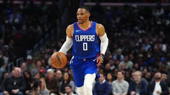 Dec 6, 2023; Los Angeles, California, USA; LA Clippers guard Russell Westbrook (0) dribbles the ball against the Sacramento Kings in the first half at Crypto.com Arena Mandatory Credit: Kirby Lee-USA TODAY Sports