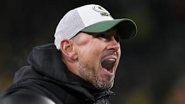 Nov 28, 2024; Green Bay, Wisconsin, USA;  Green Bay Packers head coach Matt LaFleur reacts to a call during the fourth quarter against the Miami Dolphins at Lambeau Field. Mandatory Credit: Jeff Hanisch-Imagn Images