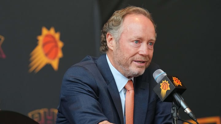 May 17, 2024; Phoenix, AZ, USA; Mike Budenholzer speaks during a press conference to announce his job as head coach of the Phoenix Suns. Mandatory Credit: Joe Camporeale-USA TODAY Sports