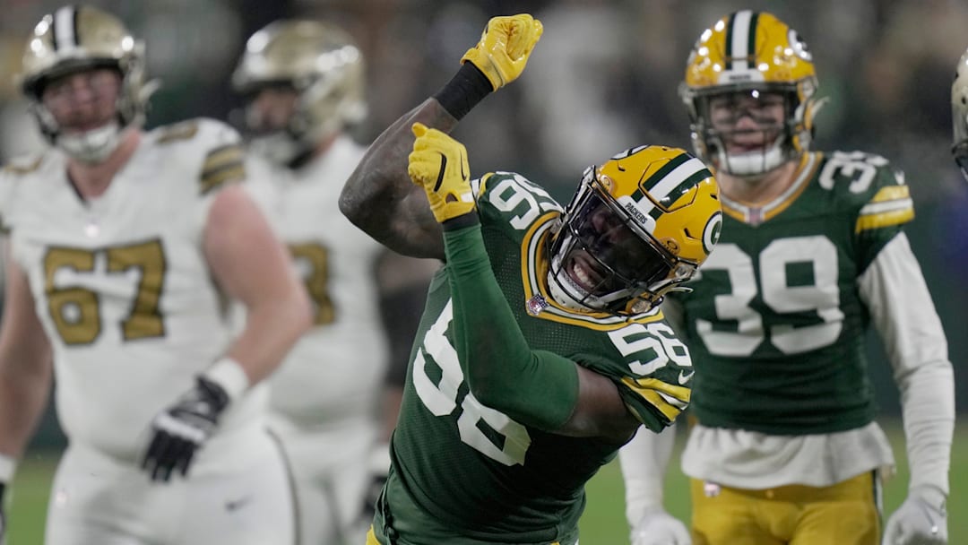 Green Bay Packers linebacker Edgerrin Cooper (56) celebrates a tackle for a three-yard loss during the second quarter of their game Monday, December 23, 2024 at Lambeau Field in Green Bay, Wisconsin. The Green Bay Packers beat the New Orleans Saints 34-0.