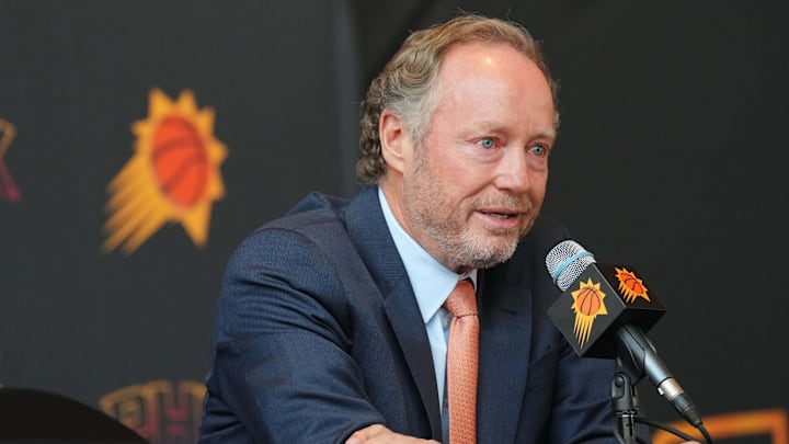 May 17, 2024; Phoenix, AZ, USA; Mike Budenholzer speaks during a press conference to announce his job as head coach of the Phoenix Suns. Mandatory Credit: Joe Camporeale-Imagn Images