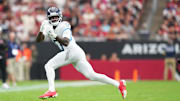 Oct 5, 2025; Glendale, Arizona, USA; Tennessee Titans wide receiver Calvin Ridley (0) makes a catch against the Arizona Cardinals during the second quarter at State Farm Stadium. Mandatory Credit: Joe Camporeale-Imagn Images