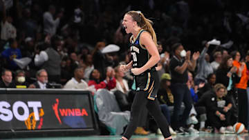 Sep 29, 2024; Brooklyn, New York, USA; New York Liberty guard Sabrina Ionescu (20) reacts during game one of the 2024 WNBA Semi-finals against the Las Vegas Aces at Barclays Center. Mandatory Credit: Gregory Fisher-Imagn Images