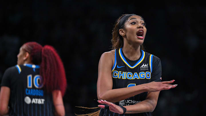 Aug 21, 2025; Brooklyn, New York, USA; Chicago Sky forward Angel Reese (5) reacts during the second half against the New York Liberty at Barclays Center. Mandatory Credit: John Jones-Imagn Images