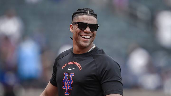 Jul 26, 2026; New York City, New York, USA; New York Mets left fielder Juan Soto (22) smiles after the game against the Los Angeles Dodgers at Citi Field. Mandatory Credit: John Jones-Imagn Images