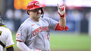 Sep 9, 2025; San Diego, California, USA; Cincinnati Reds third baseman Sal Stewart (43) gestures after hitting a solo home run during the first inning against the San Diego Padres at Petco Park. Mandatory Credit: Denis Poroy-Imagn Images
