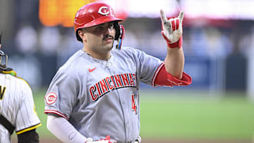 Sep 9, 2025; San Diego, California, USA; Cincinnati Reds third baseman Sal Stewart (43) gestures after hitting a solo home run during the first inning against the San Diego Padres at Petco Park. Mandatory Credit: Denis Poroy-Imagn Images