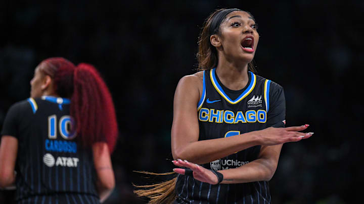 Aug 21, 2025; Brooklyn, New York, USA; Chicago Sky forward Angel Reese (5) reacts during the second half against the New York Liberty at Barclays Center. Mandatory Credit: John Jones-Imagn Images Aug 21, 2025; Brooklyn, New York, USA; Chicago Sky forward Angel Reese (5) reacts during the second half against the New York Liberty at Barclays Center. Mandatory Credit: John Jones-Imagn Images