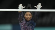 Jul 25, 2024; Paris, France; Simone Biles during a practice session before the Paris 2024 Olympic Summer Games at Bercy Arena. Mandatory Credit: Kyle Terada-USA TODAY Sports