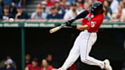 Jun 2, 2024; Cleveland, Ohio, USA; Cleveland Guardians second baseman Daniel Schneemann (10) hits an RBI double during the second inning against the Washington Nationals at Progressive Field. Mandatory Credit: Ken Blaze-USA TODAY Sports