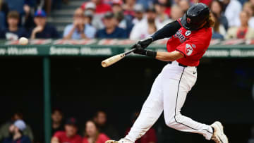 Jun 2, 2024; Cleveland, Ohio, USA; Cleveland Guardians second baseman Daniel Schneemann (10) hits an RBI double during the second inning against the Washington Nationals at Progressive Field. Mandatory Credit: Ken Blaze-USA TODAY Sports