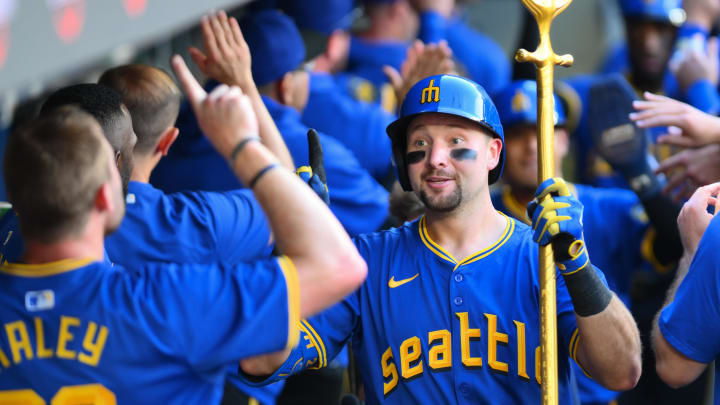 Seattle Mariners catcher Cal Raleigh celebrates after hitting a two-run home run against the New York Mets on Sunday at T-Mobile Park.