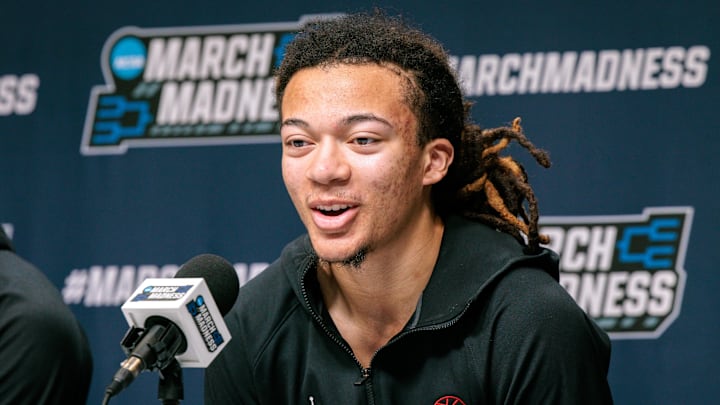 Mar 18, 2026; Oklahoma City, OK, USA; Houston Cougars guard Kingston Flemings (4)  answers questions during a press conference prior to the practice session ahead of the first round of the men's 2026 NCAA Tournament at Paycom Center. Mandatory Credit: William Purnell-Imagn Images