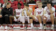 Associate head coach Joe Krabbenhoft talks with John Blackwell (32) during a Wisconsin men’s basketball scrimmage Sunday, October 19, 2025 at the Kohl Center in Madison, Wisconsin.