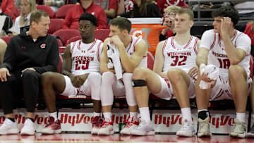 Associate head coach Joe Krabbenhoft talks with John Blackwell (32) during a Wisconsin men’s basketball scrimmage Sunday, October 19, 2025 at the Kohl Center in Madison, Wisconsin.