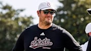 Mississippi State Head Coach Jeff Lebby and Mississippi State Assistant Football Coach (Quarterbacks) Matt Holecek during the game between the UMass Minute Men and the Mississippi State Bulldogs at Davis Wade Stadium at Scott Field in Starkville, MS.