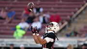 Oct 19, 2024; Stanford, California, USA; Stanford Cardinal wide receiver Tiger Bachmeier (24) catches a kick against the Southern Methodist Mustangs during the first quarter at Stanford Stadium. Mandatory Credit: Darren Yamashita-Imagn Images