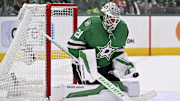 May 21, 2025; Dallas, Texas, USA; Dallas Stars goaltender Jake Oettinger (29) makes a save against the Edmonton Oilers in the first period during game one of the Western Conference Final of the 2025 Stanley Cup Playoffs at American Airlines Center. Mandatory Credit: Jerome Miron-Imagn Images