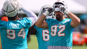 Miami Dolphins defensive tackle Zach Sieler (92) wears his helmet during training camp at Baptist Health Training Complex.