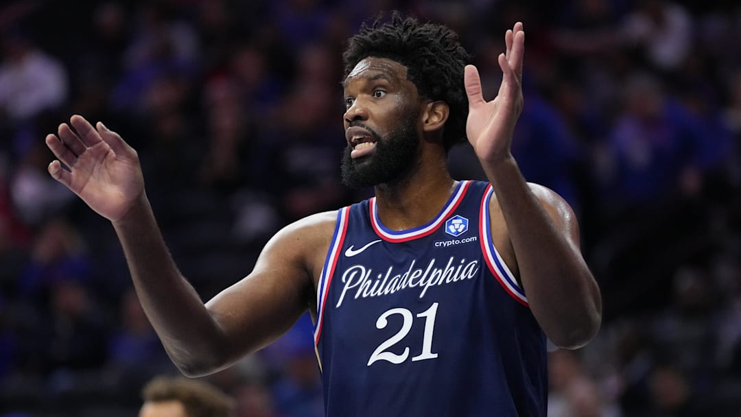 Nov 30, 2025; Philadelphia, Pennsylvania, USA; Philadelphia 76ers center Joel Embiid (21) reacts against the Atlanta Hawks in the first quarter at Xfinity Mobile Arena. Mandatory Credit: Kyle Ross-Imagn Images Nov 30, 2025; Philadelphia, Pennsylvania, USA; Philadelphia 76ers center Joel Embiid (21) reacts against the Atlanta Hawks in the first quarter at Xfinity Mobile Arena. Mandatory Credit: Kyle Ross-Imagn Images
