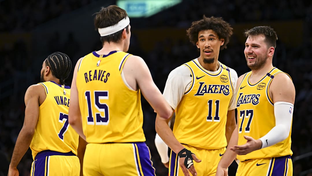 Apr 11, 2025; Los Angeles, California, USA; Los Angeles Lakers guard Luka Doncic (77) celebrates with center Jaxson Hayes (11), and guard Austin Reaves (15) after scoring against the Houston Rockets during the first half at Crypto.com Arena. Mandatory Credit: Jonathan Hui-Imagn Images Apr 11, 2025; Los Angeles, California, USA; Los Angeles Lakers guard Luka Doncic (77) celebrates with center Jaxson Hayes (11), and guard Austin Reaves (15) after scoring against the Houston Rockets during the first half at Crypto.com Arena. Mandatory Credit: Jonathan Hui-Imagn Images