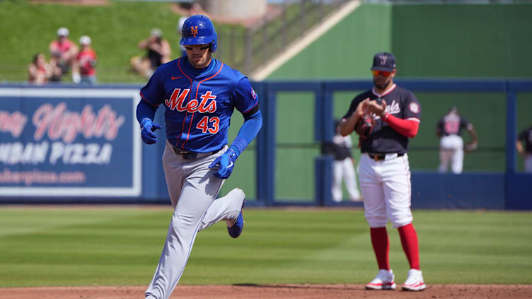 Feb 26, 2024; West Palm Beach, Florida, USA;  New York Mets left fielder Trayce Thompson (43) rounds