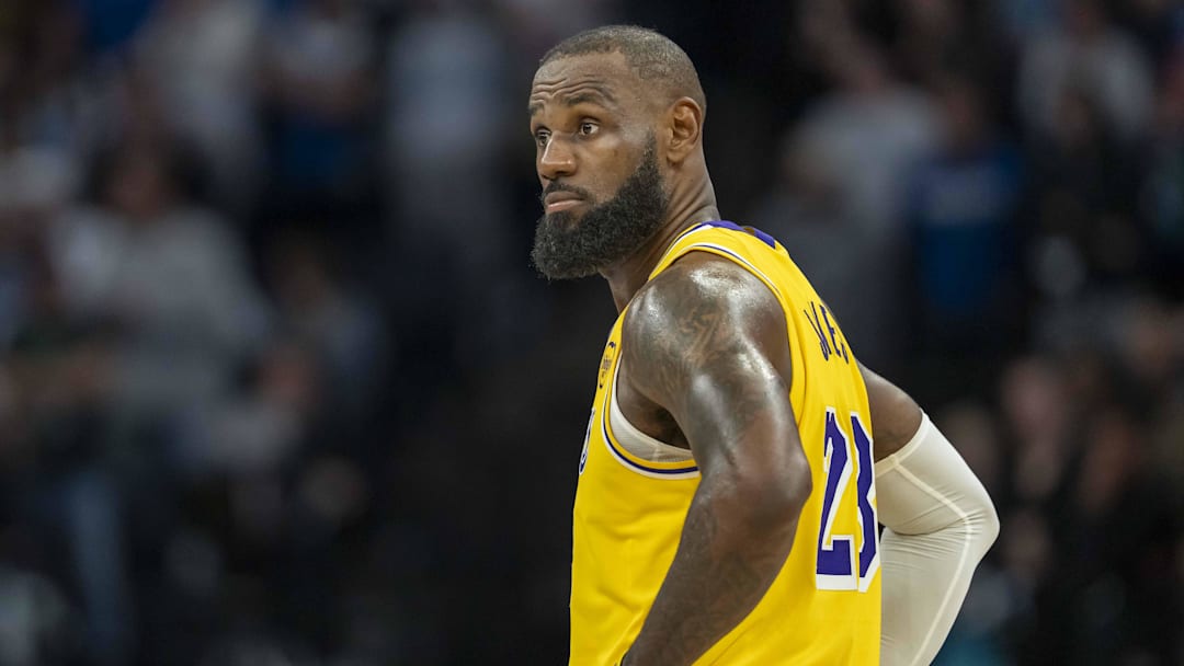 Apr 25, 2025; Minneapolis, Minnesota, USA; Los Angeles Lakers forward LeBron James (23) looks on against the Minnesota Timberwolves in the second half during game three of first round for the 2024 NBA Playoffs at Target Center. Mandatory Credit: Jesse Johnson-Imagn Images