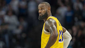 Apr 25, 2025; Minneapolis, Minnesota, USA; Los Angeles Lakers forward LeBron James (23) looks on against the Minnesota Timberwolves in the second half during game three of first round for the 2024 NBA Playoffs at Target Center. Mandatory Credit: Jesse Johnson-Imagn Images
