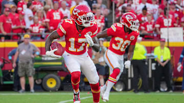 Sep 15, 2024; Kansas City, Missouri, USA; Kansas City Chiefs wide receiver Mecole Hardman (17) returns a kick against the Cincinnati Bengals during the game at GEHA Field at Arrowhead Stadium. Mandatory Credit: Denny Medley-Imagn Images