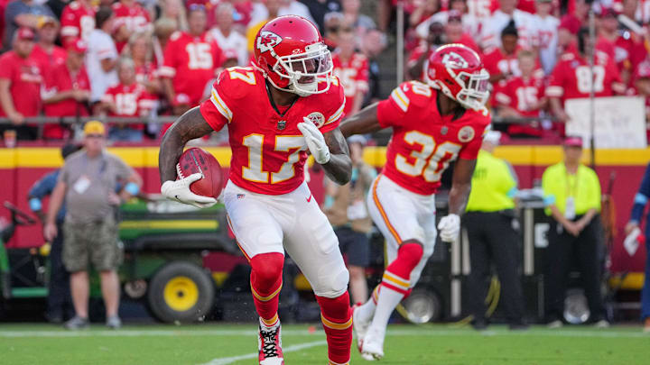 Sep 15, 2024; Kansas City, Missouri, USA; Kansas City Chiefs wide receiver Mecole Hardman (17) returns a kick against the Cincinnati Bengals during the game at GEHA Field at Arrowhead Stadium. Mandatory Credit: Denny Medley-Imagn Images