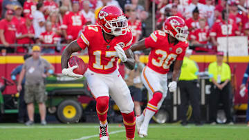 Sep 15, 2024; Kansas City, Missouri, USA; Kansas City Chiefs wide receiver Mecole Hardman (17) returns a kick against the Cincinnati Bengals during the game at GEHA Field at Arrowhead Stadium. Mandatory Credit: Denny Medley-Imagn Images