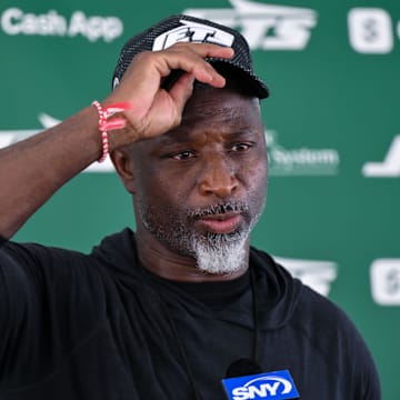 Jul 25, 2025; Florham Park, NJ, USA; New York Jets head coach Aaron Glenn speaks to the media during training camp at Atlantic Health Jets Training Center. Mandatory Credit: John Jones-Imagn Images