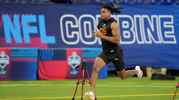 Texas wide receiver Isaiah Bond runs during the NFL Scouting Combine