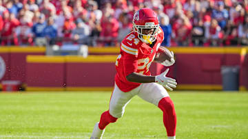 Nov 23, 2025; Kansas City, Missouri, USA; Kansas City Chiefs running back Brashard Smith (24) runs the ball against the Indianapolis Colts during the game at GEHA Field at Arrowhead Stadium. Mandatory Credit: Denny Medley-Imagn Images