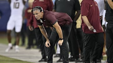 Sep 28, 2024; Dallas, Texas, USA; Florida State Seminoles head coach Mike Norvell during the game between the Southern Methodist Mustangs and the Florida State Seminoles at Gerald J. Ford Stadium. Mandatory Credit: Jerome Miron-Imagn Images
