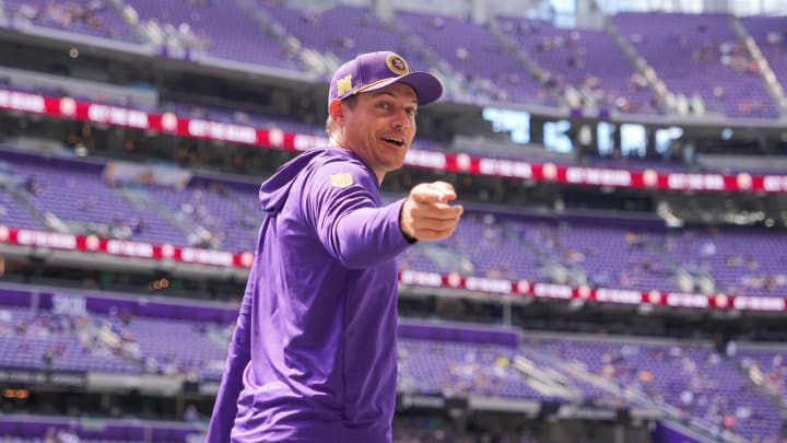 Aug 10, 2024; Minneapolis, Minnesota, USA; Minnesota Vikings  head coach Kevin O'Connell talks to fans before the game against the Las Vegas Raiders at U.S. Bank Stadium. Mandatory Credit: Brad Rempel-USA TODAY Sports