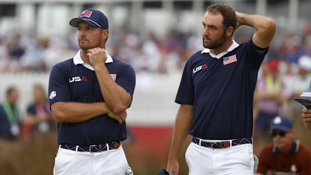 Bryson DeChambeau and Scottie Scheffler on the 16th hole on the penultimate day of competition at the Ryder Cup.