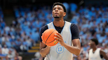 Oct 12, 2024; Chapel Hill, NC, USA;  North Carolina Tar Heels forward Jalen Washington (13) at the line in the second half at the Dean E. Smith Center. Mandatory Credit: Bob Donnan-Imagn Images