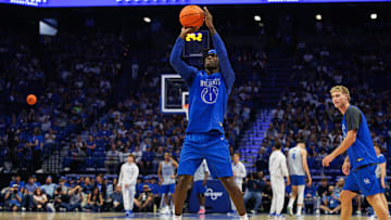 Oct 11, 2025; Lexington, KY, USA; Kentucky Wildcats guard Denzel Aberdeen (1) shoots the ball during Big Blue Madness at Rupp Arena at Central Bank Center. Mandatory Credit: Jordan Prather-Imagn Images
