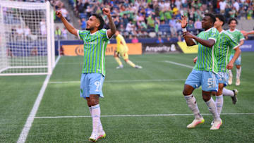 May 28, 2025; Seattle, Washington, USA; Seattle Sounders FC forward Jesus Ferreira (9) celebrates after scoring a goal against San Diego FC during the second half at Lumen Field. Mandatory Credit: Steven Bisig-Imagn Images