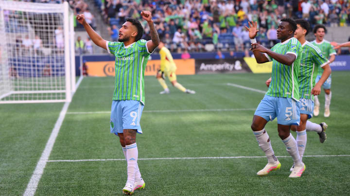 May 28, 2025; Seattle, Washington, USA; Seattle Sounders FC forward Jesus Ferreira (9) celebrates after scoring a goal against San Diego FC during the second half at Lumen Field. Mandatory Credit: Steven Bisig-Imagn Images