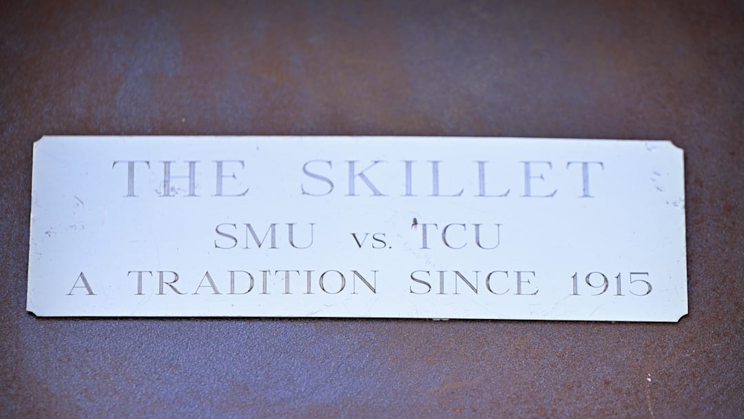 The Iron Skillet trophy between the TCU Horned Frogs and the SMU Mustangs. Mandatory Credit: Jerome Miron-Imagn Images