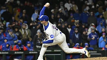 Apr 8, 2025; Chicago, Illinois, USA;  Chicago Cubs pitcher Ryan Pressly (55) delivers during the ninth inning  against the Texas Rangers Wrigley Field. Mandatory Credit: Matt Marton-Imagn Images