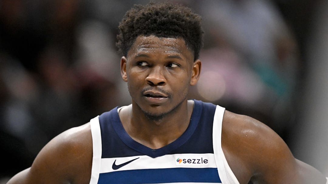 Mar 30, 2026; Dallas, Texas, USA; Minnesota Timberwolves guard Anthony Edwards (5) looks on during the second half against the Dallas Mavericks at the American Airlines Center. Mandatory Credit: Jerome Miron-Imagn Images