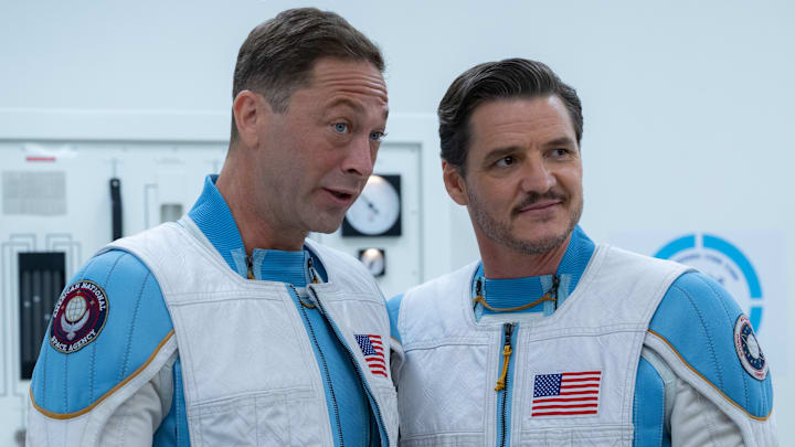 (L-R): Ebon Moss-Bachrach as Ben Grimm/The Thing and Pedro Pascal as Reed Richards/Mister Fantastic in 20th Century Studios/Marvel Studios' THE FANTASTIC FOUR: FIRST STEPS. Photo by Jay Maidment. © 2025 20th Century Studios / © and ™ 2025 MARVEL.