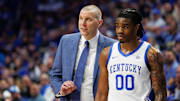 Feb 8, 2025; Lexington, Kentucky, USA; Kentucky Wildcats head coach Mark Pope talks with guard Otega Oweh (00) during the second half against the South Carolina Gamecocks at Rupp Arena at Central Bank Center. Mandatory Credit: Jordan Prather-Imagn Images